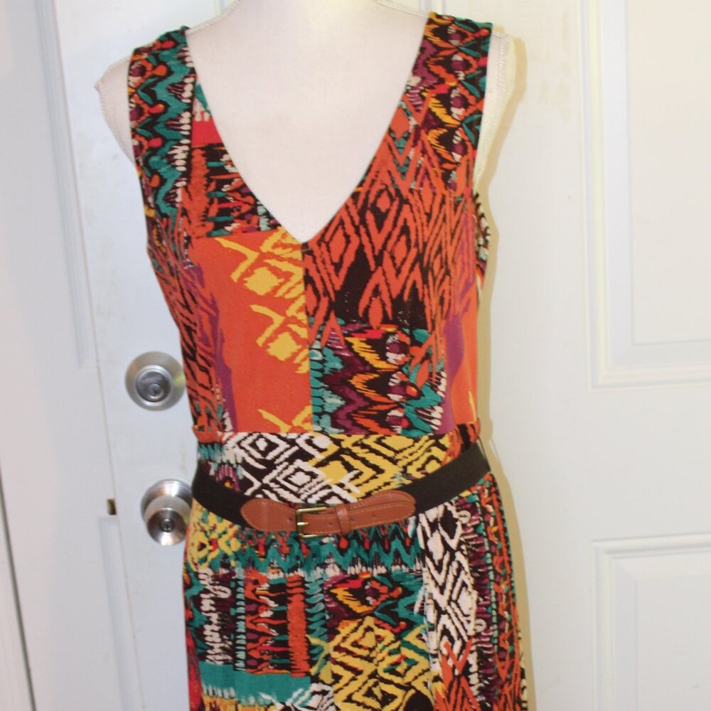 Robbi Bee Maxi Dress, Pull On Colorful Art Deco Knit Dress Size L - Picture 3 of 9